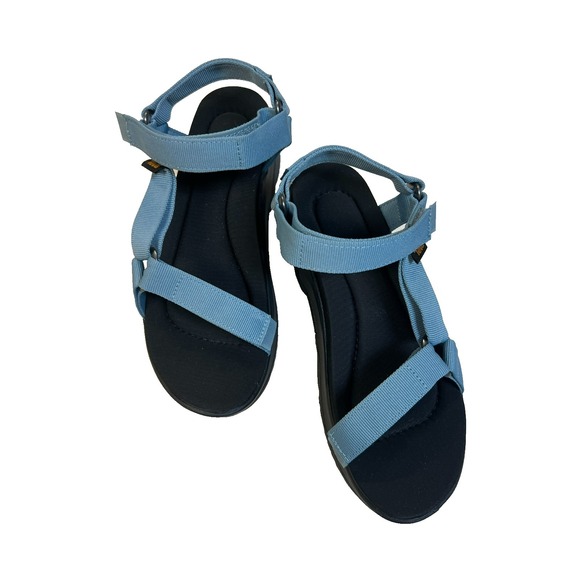 Teva Universal Platform Wedge Sandal Blue Hook Loop Closure Black Platform SZ 8 - Picture 8 of 12